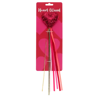 Red heart wand with glittery top and ribbon streamers in packaging