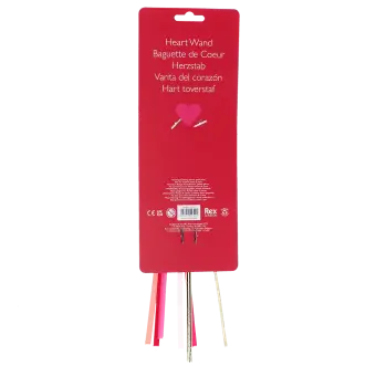 Back of heart wand packaging with multilingual safety warning.