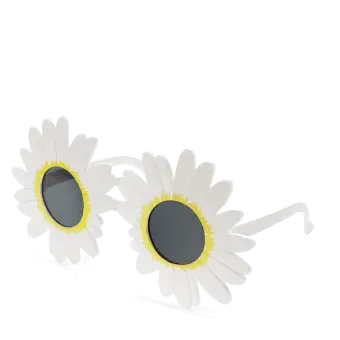 funglasses with a white daisy-shaped frame and dark lenses.
