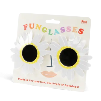 funglasses with a white daisy-shaped frame and dark lenses with packaging
