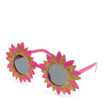 pink flower-shaped funglasses with gold glittery accents and dark round lenses.