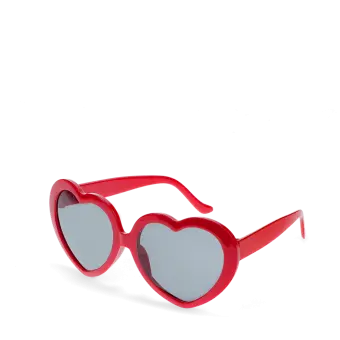 Heart-shaped funglasses with red frames and dark lenses