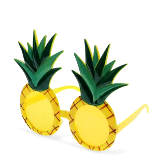 Pineapple-shaped funglasses with yellow textured frames, round yellow lenses, and green leaf accents.