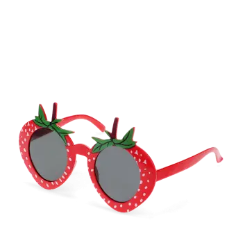 Red strawberry-shaped funglasses with green leaves, and dark round lenses