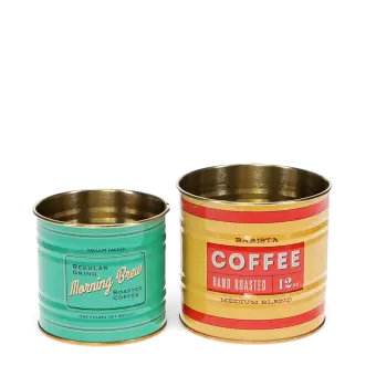Two vintage-style storage tins, one green labelled "Morning Brew" and one yellow labelled "Barista Coffee