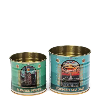 Two storage tins, one labelled "Seaweed Pepper" and the other "Cornish Sea Salt"