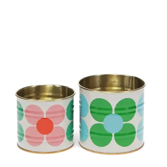Two floral storage tins, one small with pink daisy and one large with green and blue daisy print