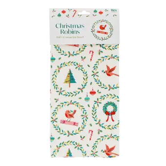 Cotton tea towel with a festive holiday design featuring Christmas trees, wreaths in a packaging