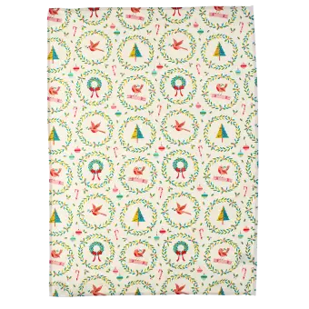 Cotton tea towel with a festive holiday design featuring Christmas trees, wreaths