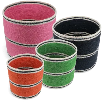 Four woven storage baskets in varying sizes and colours