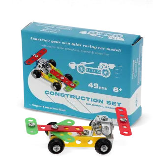 Completed colourful racing car model displayed with its packaging box