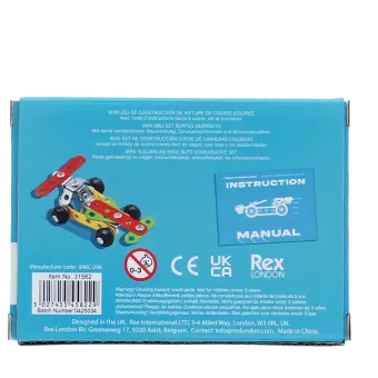 Back of mini racing car construction set packaging showing safety warning in multilingual