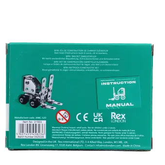 Back of mini forklift truck construction set packaging showing safety warning in multilingual