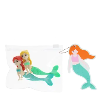 Mermaid-shaped erasers in a clear pouch with a tag
