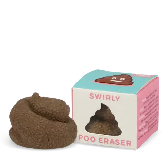 Brown swirl poo-shaped novelty eraser next to its packaging