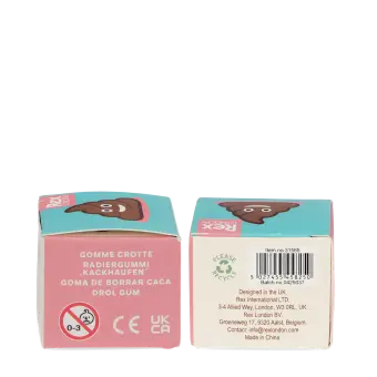 Brown swirl poo-shaped eraser packaging with multilingual labels and safety warnings
