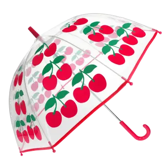 Transparent umbrella with red trim and cherry pattern