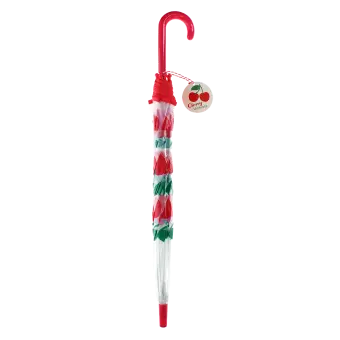 Closed transparent umbrella with red handle, cherry pattern and a tag