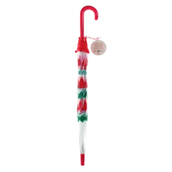 Closed transparent umbrella with red handle, cherry pattern and a tag