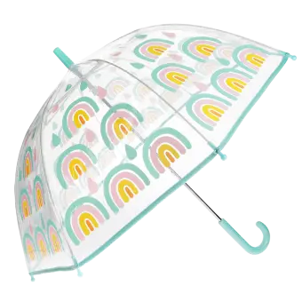 Transparent umbrella with light blue trim and rainbow pattern