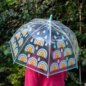 Transparent umbrella with light blue trim and rainbow pattern