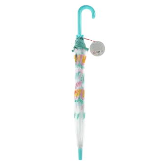 Closed transparent umbrella with light blue handle, rainbow pattern and a tag
