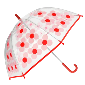 Transparent umbrella with red trim and pink daisy pattern