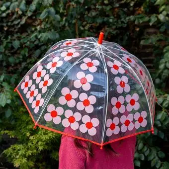 Transparent umbrella with red trim and pink daisy pattern