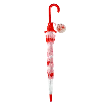 Closed transparent umbrella with red handle, pink daisy pattern and a tag
