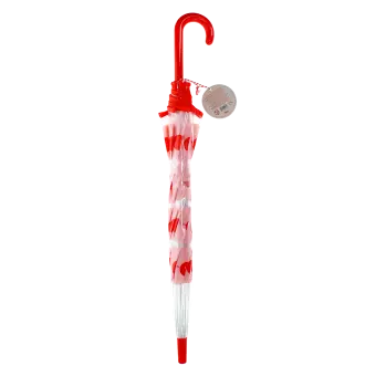 Closed transparent umbrella with red handle, pink daisy pattern and a tag
