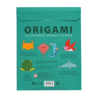 Back of make your own origami kit packaging with safety warning and multilingual descriptions