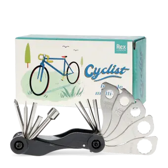 Cyclist multi-tool set with various attachments and a box 