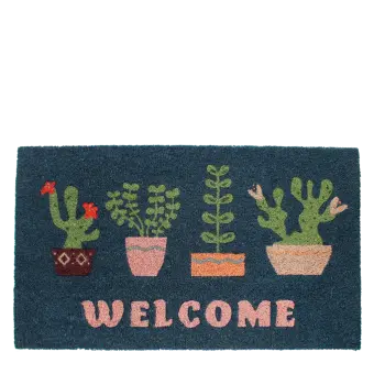 Colourful doormat featuring different pot of plant and welcome letter print 