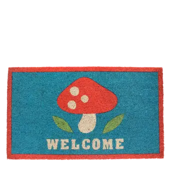Colourful doormat featuring red mushroom and a welcome letter print 