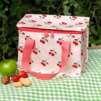 Cherry design insulated lunch bag showing fruit on the side