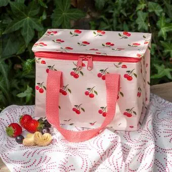 Cherry design insulated lunch bag showing fruit on the side