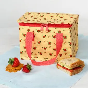 French rose design insulated lunch bag showing fruit and sandwich on the side