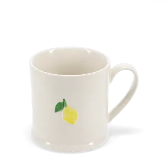 Stoneware mug featuring a yellow lemon print with green leaves and handle 