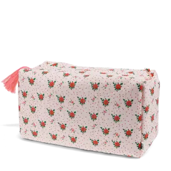 Rectangular makeup bag in pale pink with a floral pattern of small red and green flowers