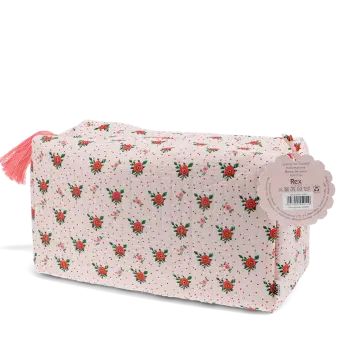 Rectangular makeup bag in pale pink with a floral pattern of small red and green flowers with tag