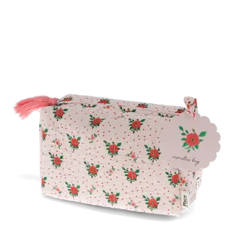 Rectangular makeup bag in pale pink with a floral pattern of small red and green flowers with tag