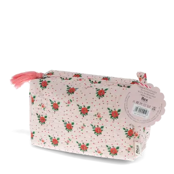 Rectangular makeup bag in pale pink with a floral pattern of small red and green flowers with tag