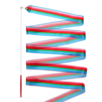 gymnastics ribbon with multicoloured stripes and red-handled stick