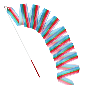 gymnastics ribbon with multicoloured stripes and red-handled stick