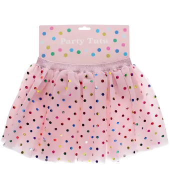 Pink skirt with colourful polka dots in packaging labelled 'Party Tutu'.