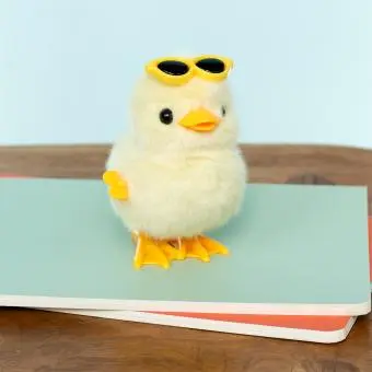 A fluffy yellow wind-up duck toy wearing yellow sunglasses