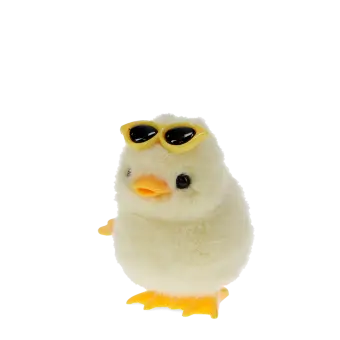 A fluffy yellow wind-up duck toy wearing yellow sunglasses