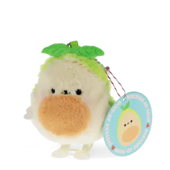 Plush avocado-shaped wind-up toy with green leaves and a tag