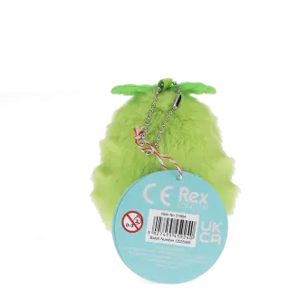 Plush avocado-shaped wind-up toy with green leaves and a tag