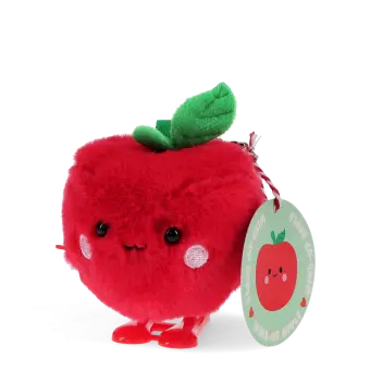 Red apple-shaped plush wind-up toy with a smiling face and a tag